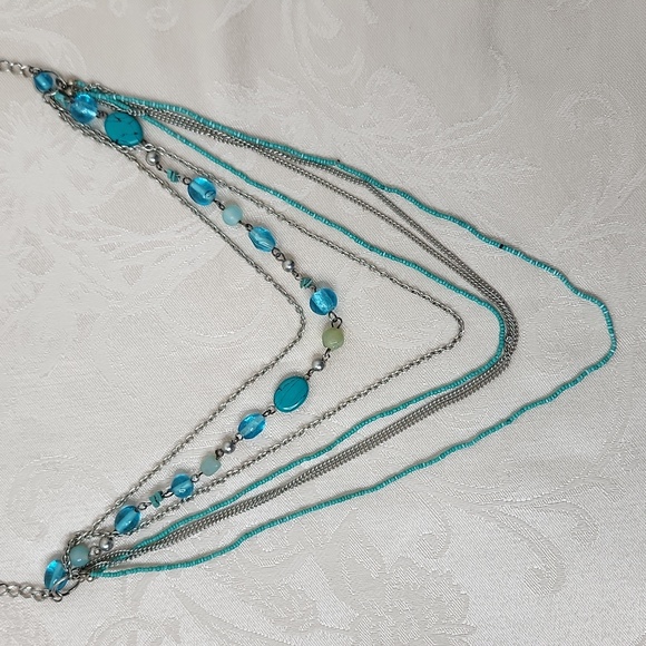 Turquoise and silver necklace multiple strands beaded necklace - Picture 4 of 6